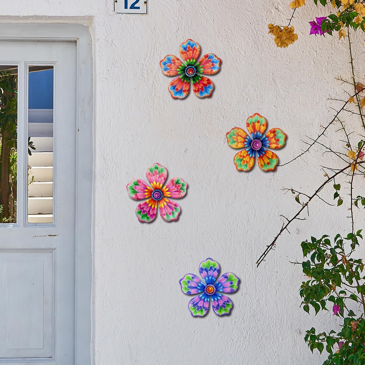 Giyyomtr Metal Flowers Wall Decor - 4pcs 6.2'' Metal Wall Art Hanging Decorations for Outdoor Fence Garden Yard Patio Exterior Wall Decor