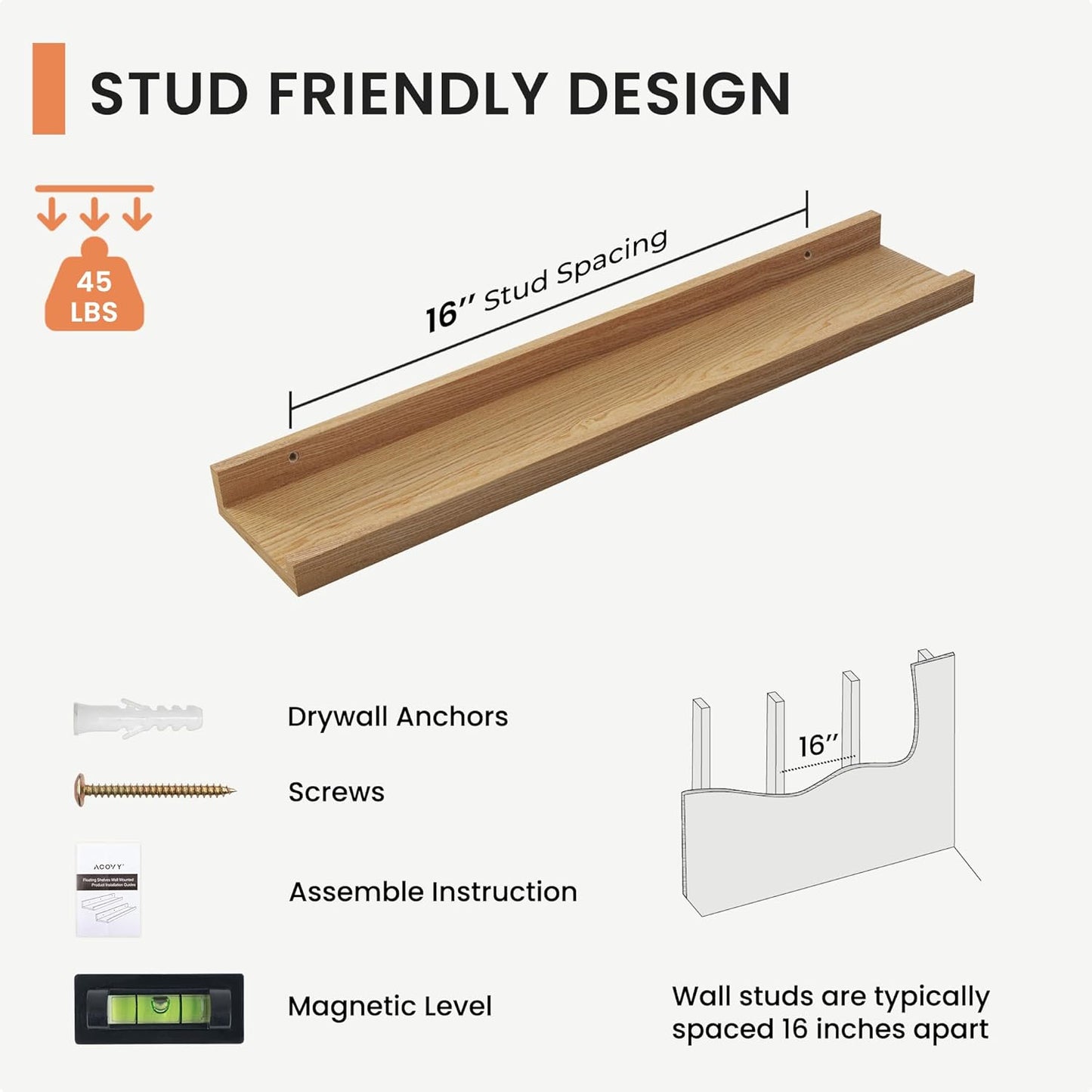 FLYJOE Picture Ledge Shelf, Floating Shelves Set of 2, Solid Pine Wood 55'' Long Large Nursery Book Shelves for Toys Storage, Kids Bookshelf for Living Room Bedroom Decor Books Photo Frames, Walnut