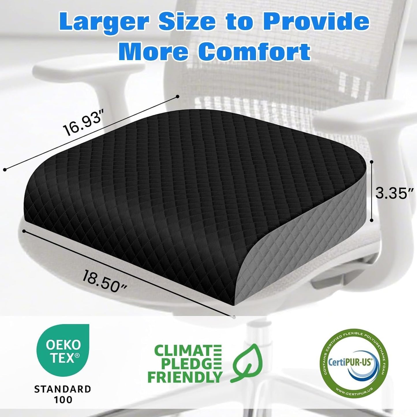 Seat Cushion, Memory Foam Chair Pad for Sciatica & Hip Pain Relief, Non-Slip Cushion for Office, Home, Car, Large Desk Chair Cushion, Washable Cover & Handle, Large, Black
