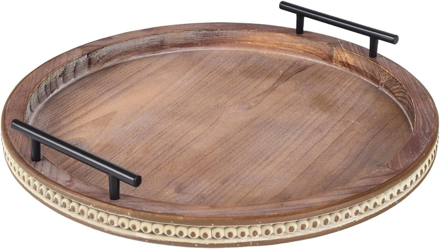 16 Inch Coffee Table Tray for Living Room, Beaded Round Wood Decorative Tray with Handles, Farmhouse Circle Trays for Kitchen Island Decor, Rustic Coffee Table Centerpiece Decor