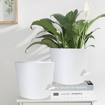YNNICO Indoor Self Watering Planters with Drainage Holes and Saucers, 8, 7, 6.5, 6, 5.5, 5 Inches, Black, 6 Pots