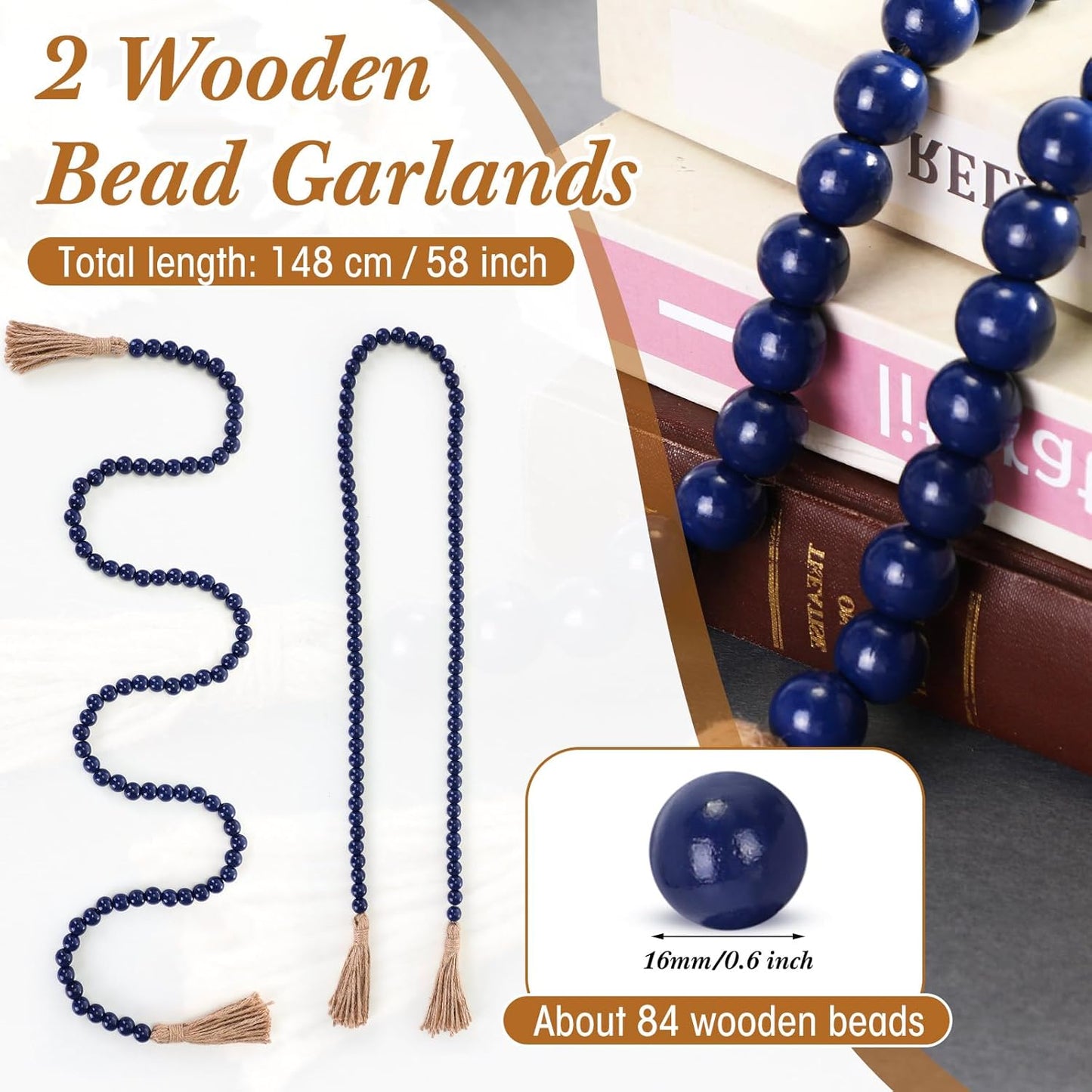 Geetery 2 Pcs 58'' Bead Garland with Tassels, Rustic Country Decor, Boho Wall Hanging for Farmhouse Style, Versatile Prayer Beads for Home, Table, or Wall Decoration (Black)