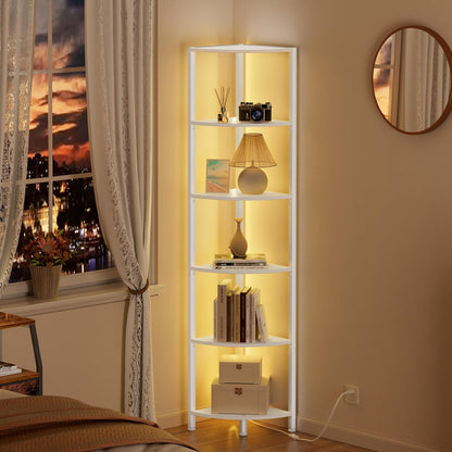 Furnulem 6 Tier Corner Shelf with LED Light, 67.5” Tall Standing Shelf Organizer, Black Narrow Bookshelf with Storage Rack for Wall Corner, Living Room, Bedroom, Metal Frame, Wood Display Shelf