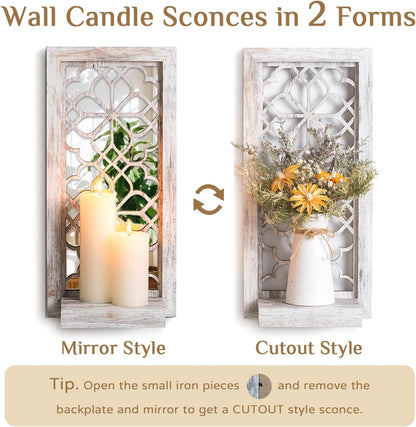 Farmhouse Wall Candle Holder Decor: Rustic Candle Sconces Set of Two for Pillar Candles - Brown Wooden Shelving for Fireplace Bathroom Hallway