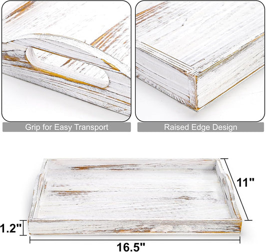 DEAYOU 2 Pack Wood Serving Tray, 16.5" Ottoman Wooden Trays for Coffee Table, Farmhouse Vintage Decorative Tray Platter with Cutout Handle for Eating, Breakfast, Rectangle, 16.5" L x 11" W