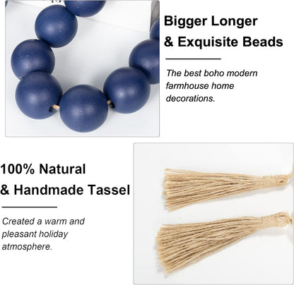 OMISHE Extra Large Wood Bead Garland with 1.6" Diameter Wooden Beads and Tassels, 41" Long Rustic Farmhouse Country Decorative Beads for Home Tiered Tray Decor, Natural Beige