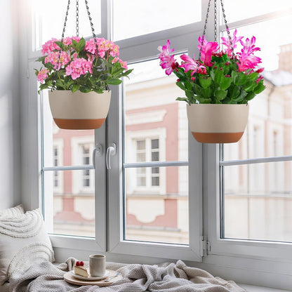 Set of 2 Hanging Planters for Indoor Outdoor Plants, 8 Inch Self-Watering Hanging Flower Pots with Drainage Hole & Removable Water-Storage Tray (Hooks)