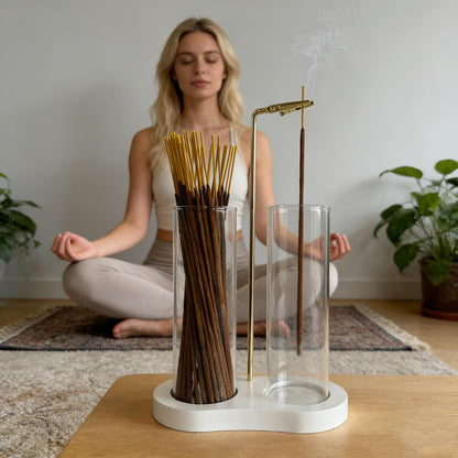 Incense Holder,2 in 1 Incense Sticks Burner Holder with Storage,Hang Upside Down Incense Holder for Sticks with Glass Ash Catcher for Meditation Yoga Spa Room Decor (Brown)