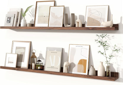 Fun Memories Picture Ledge Shelves Set of 2, 32 Inch Rustic Wall Mounted Floating Shelves with Lip for Home Storage and Décor in Bathroom, Kitchen, Nursery, Bedroom, Living Room, Walnut