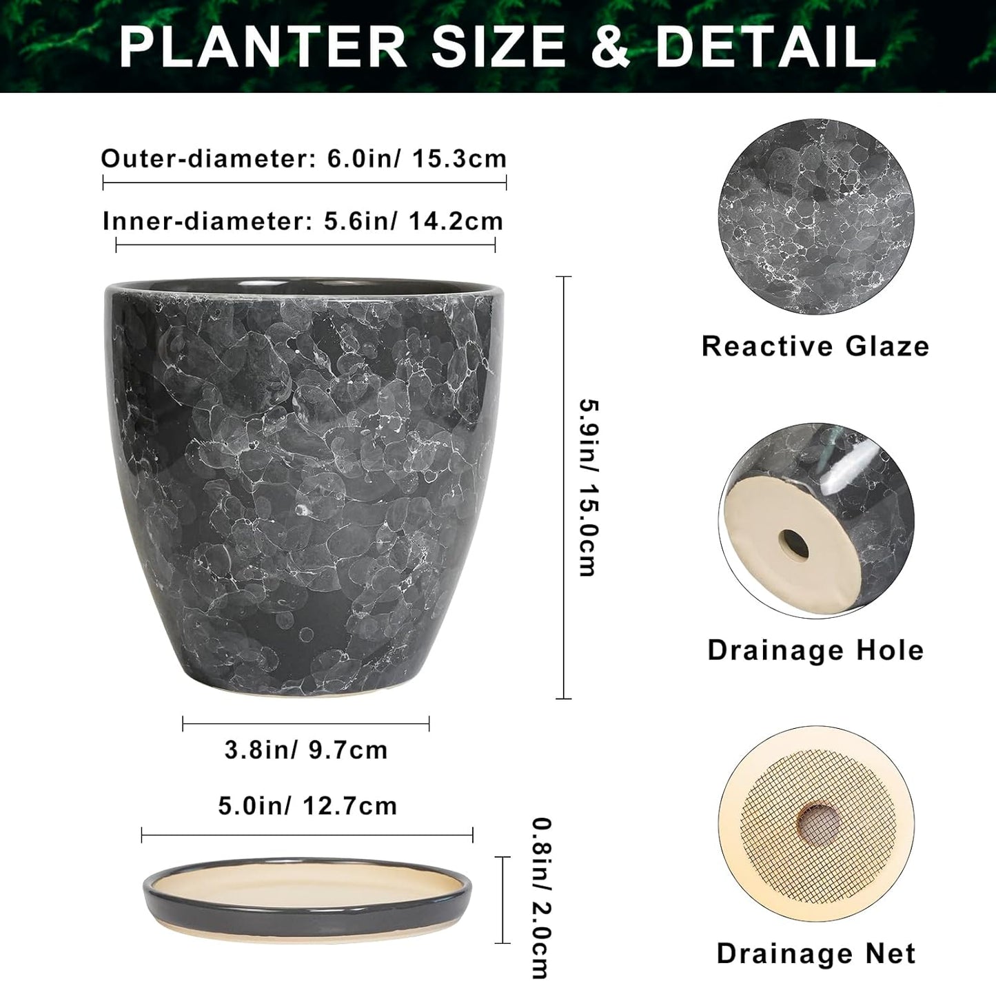 10 Inch Ceramic Planter Pot Round Plant Pot for Indoor Plants Outdoor Large Flower Pot with Drainage Hole and Saucer Blue