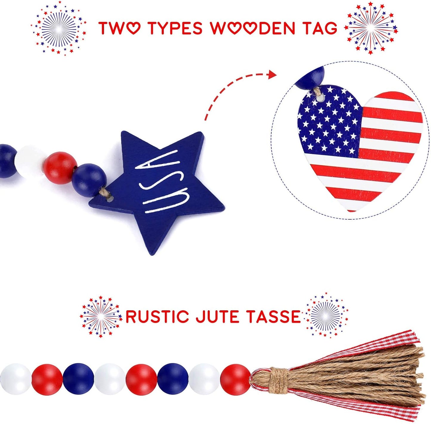 3 Pieces Independence Day Wood Bead Garland with Rustic Tassels 250 Th 4 of July USA Patriotic Wood Bead with American Flag and Wooden Heart Sign for Farmhouse Wall Hanging Prayer Beads Boho Decor