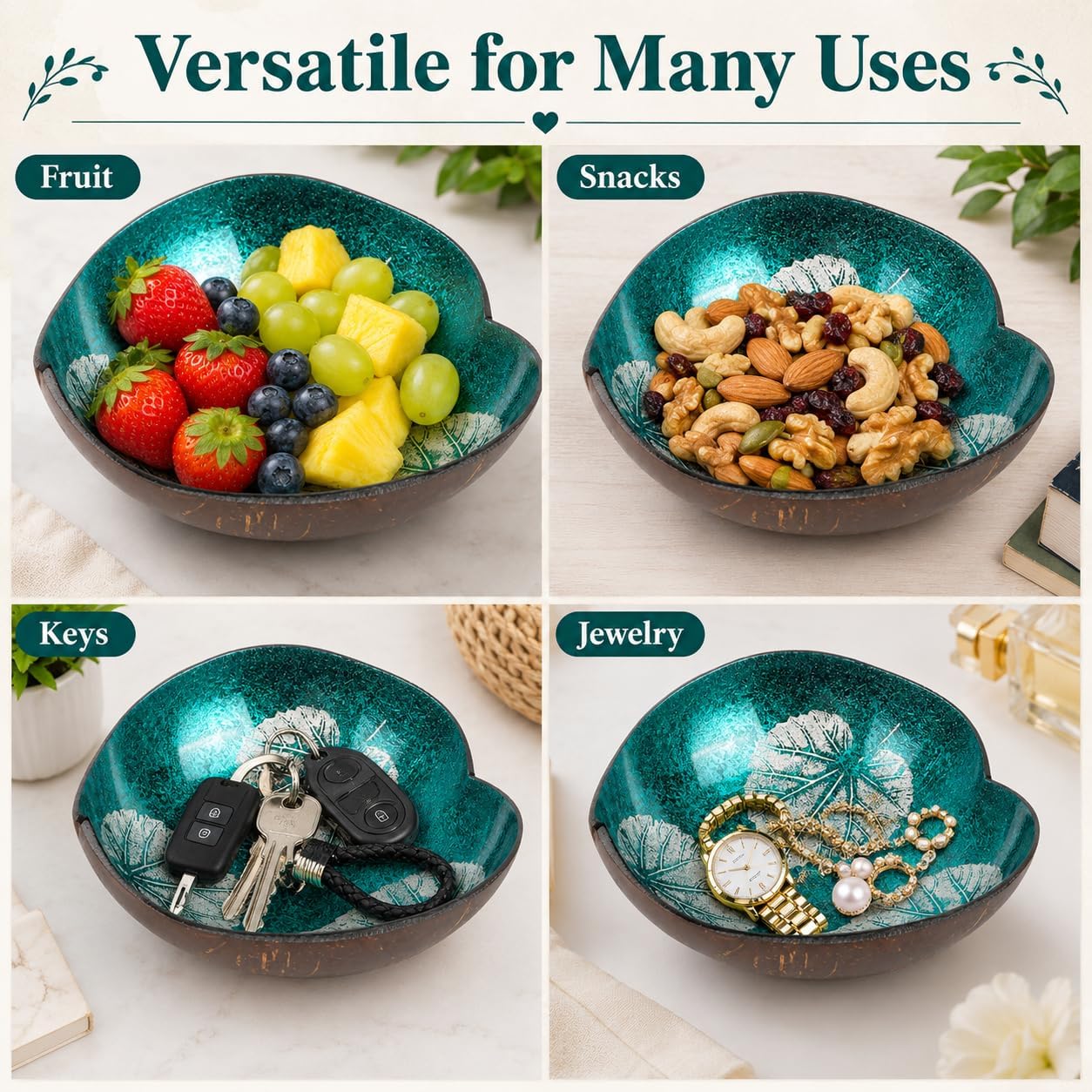 Coconut Bowls Decorative Candy Dish - Heart Acai Bowl, Natural Wooden Candy Dish, Key Bowl Holder for Entryway Table, Yogurt Smoothie Nuts Dessert Container, Rice Fruits Dry Snack Storage Shell Bowls