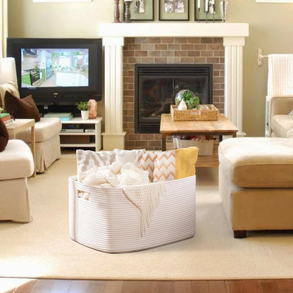 OIAHOMY 75L Large Woven Cotton Rope Storage Basket with Handle for Organizing Blanket and Toys for Living Room, Nursery, Brown Variegated 22”x17”x12”