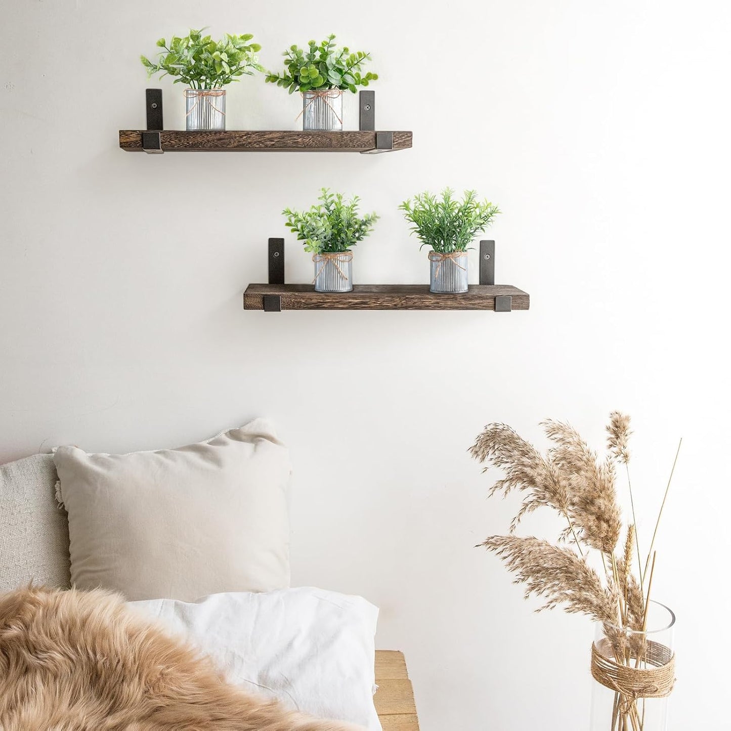 Mkono 4 Packs Small Fake Plants in Farmhouse Galvanized Pots Table Centerpiece Mini Potted Artificial Plants Faux Eucalyptus for Shelf Office Rustic Home Decor (White, Mini-6" H)
