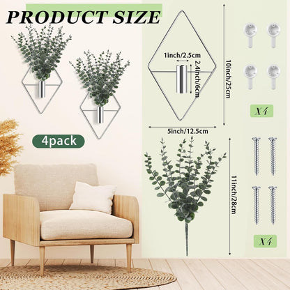 Jexine 4 Pcs Hanging Planters with Artificial Eucalyptus Metal Hanging Vase Indoor Plants Holder Modern Geometric Boho Bathroom Wall Decor for Living Room Home Office(Black)