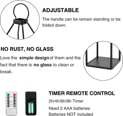 Perfnique Modern Farmhouse Lantern Decor, 15'' 13'' Set of 2 Black Metal Lantern, 2 LED 6hr Timer Flameless Candles ＆ Remote Timer, Lanterns Decorative for Outdoor, Home, Indoor, Patio, Christmas