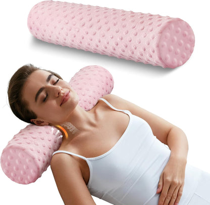 Memory Foam 4" Round Pillow, Cervical Neck Pillow for Pain Relief, Cylinder Pillows 18"x 4", Removable Cover, Neck Roll Pillow for Sleeping, Velvet Dots, Pink