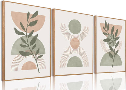 Bwodke Boho Wall Art, Framed Abstract Wall Art, Green Botanical Neutral Canvas Wall Decor, Large Mid Century Plant Pictures Set of 3, Modern Minimalist Paintings, for Bedroom Living Room Bathroom