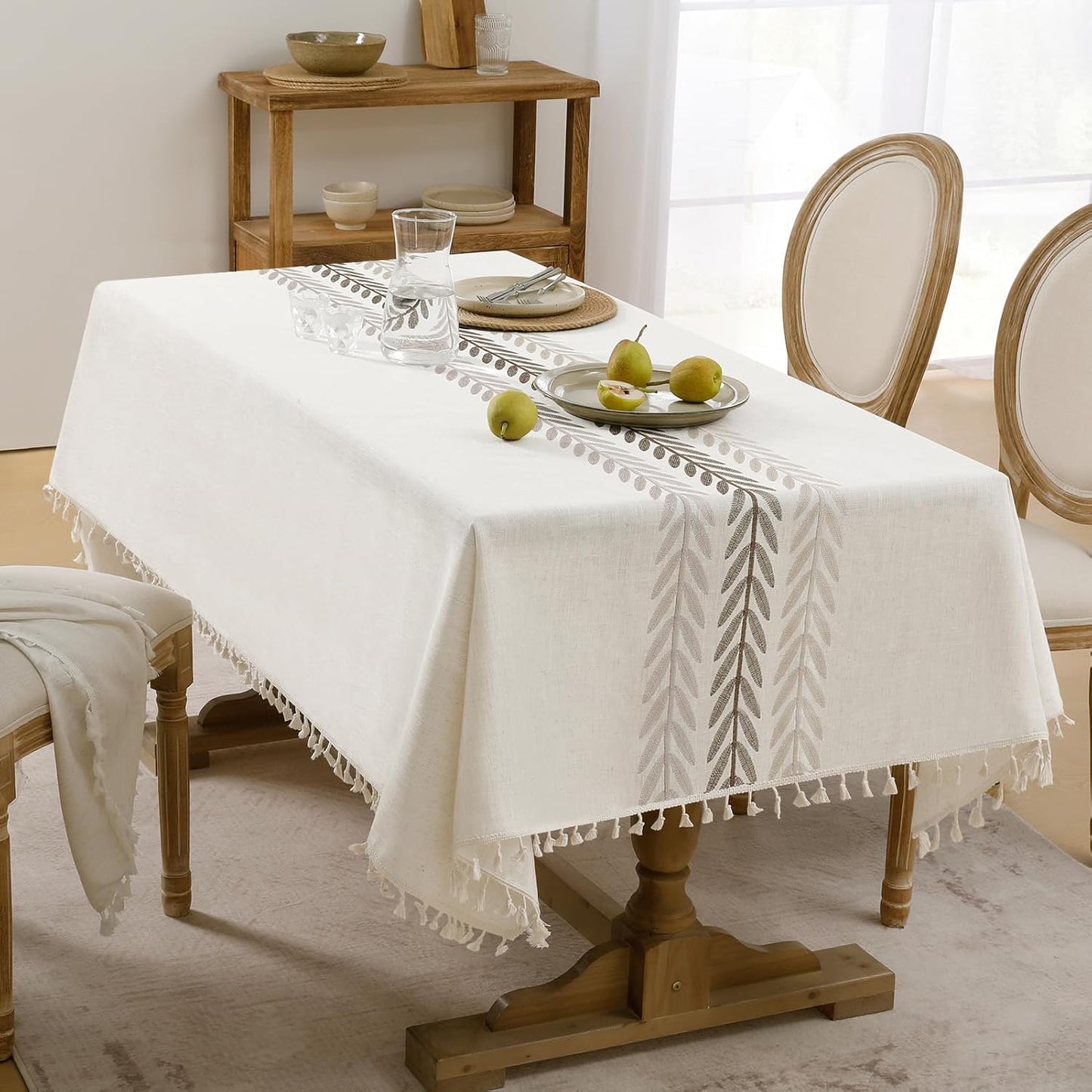 Softalker Outdoor Tablecloth Rectangle, Waterproof Linen Cotton Farmhouse Table Cloths with Tassel, Heavy Weight Wrinkle Free Boho Table Cover for Picnic Camping Dining - 55 x 70 Inch, Coffee Lines