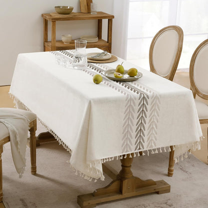 Softalker Outdoor Tablecloth Rectangle, Waterproof Linen Cotton Farmhouse Table Cloths with Tassel, Heavy Weight Wrinkle Free Boho Table Cover for Picnic Camping Dining - 55 x 70 Inch, Coffee Lines