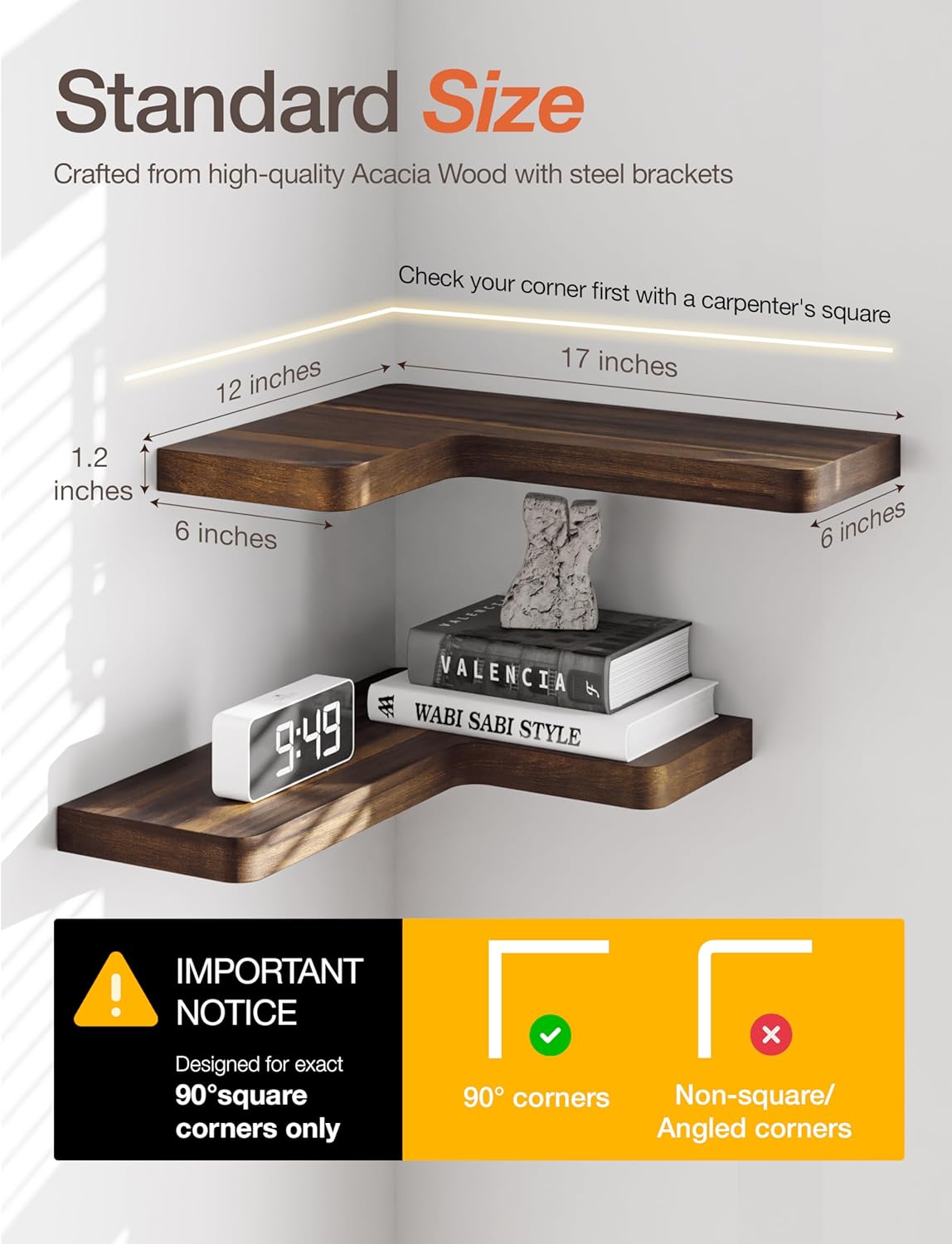 BATODA Acacia Wood Corner Floating Shelves 17" x 12"– Corner Shelf Wall Mounted - Floating Book Shelves for Wall - Brackets and Shelving Hardware Included for Kitchen, Living Room, Bathroom (Set 2)