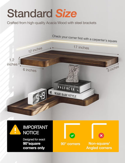 BATODA Acacia Wood Corner Floating Shelves 17" x 12"– Corner Shelf Wall Mounted - Floating Book Shelves for Wall - Brackets and Shelving Hardware Included for Kitchen, Living Room, Bathroom (Set 2)
