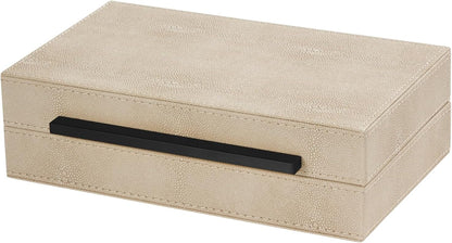 Sagala Set of 2 Ivory Shagreen Decorative Boxes With Brushed Gold Metal Handles, Faux Leather Jewelry Boxes Modern Storages Photo Memory Boxes Home Organizer Boxes (Ivory-Gold, 2pack)