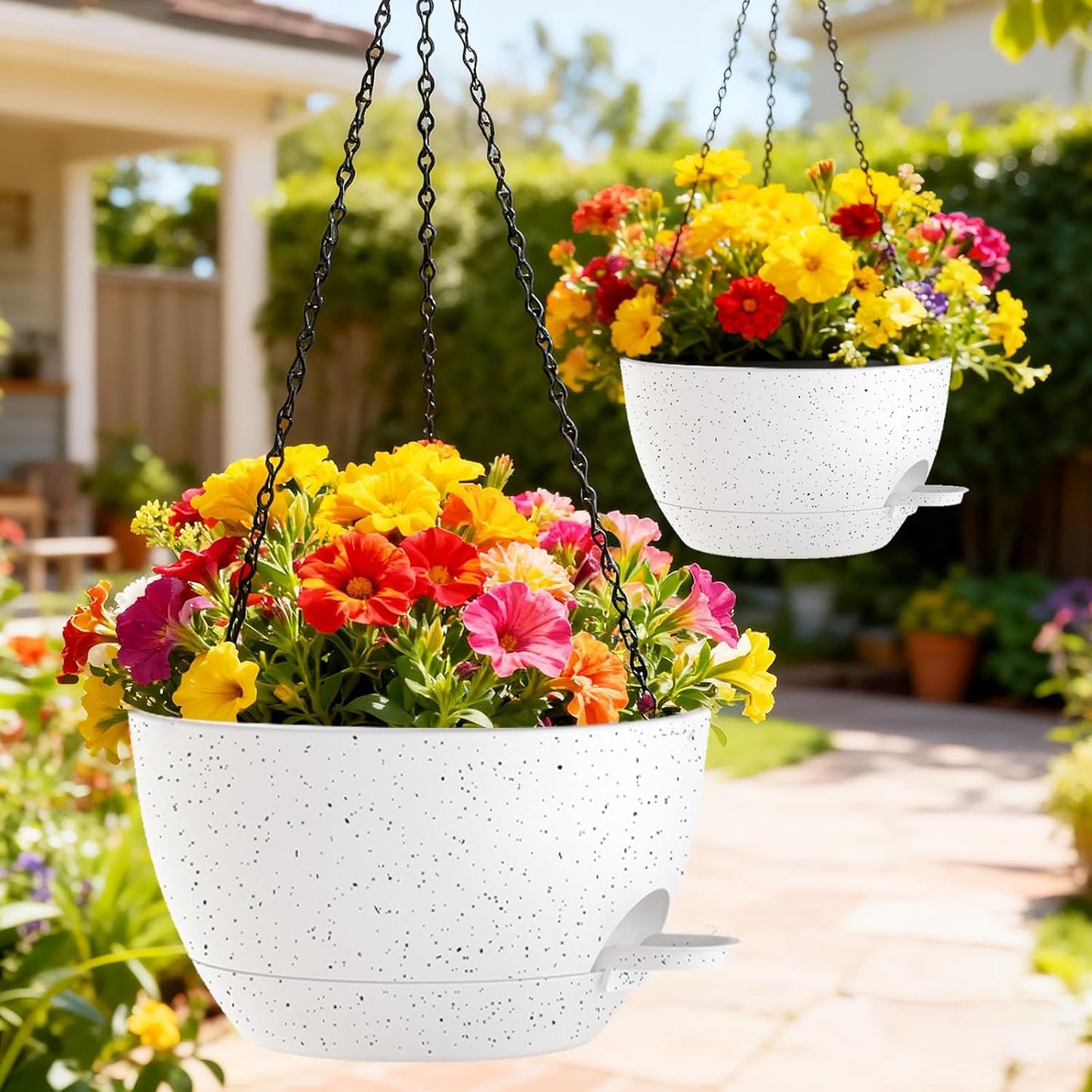 12 Inch Hanging Baskets 2 PC with Chains, Self-Watering Hanging Planters for Indoor Outdoor Plants, Plastic Hanging Flower Pots,Black