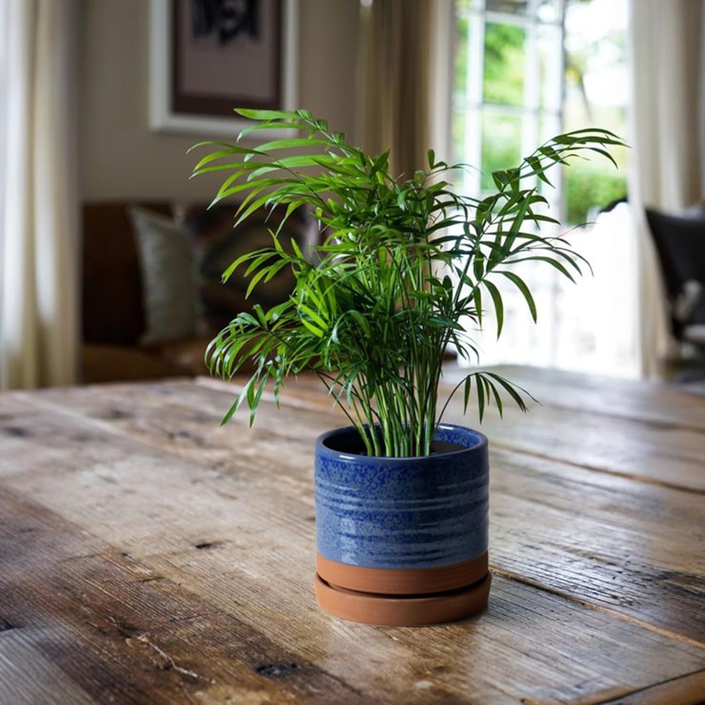 HERDUK 6 Inch Plant Pots, Ceramic Planter Pot with Drainage Hole & Saucer, Indoor/Outdoor Cylinder Round Planter Pot, Green & Beige