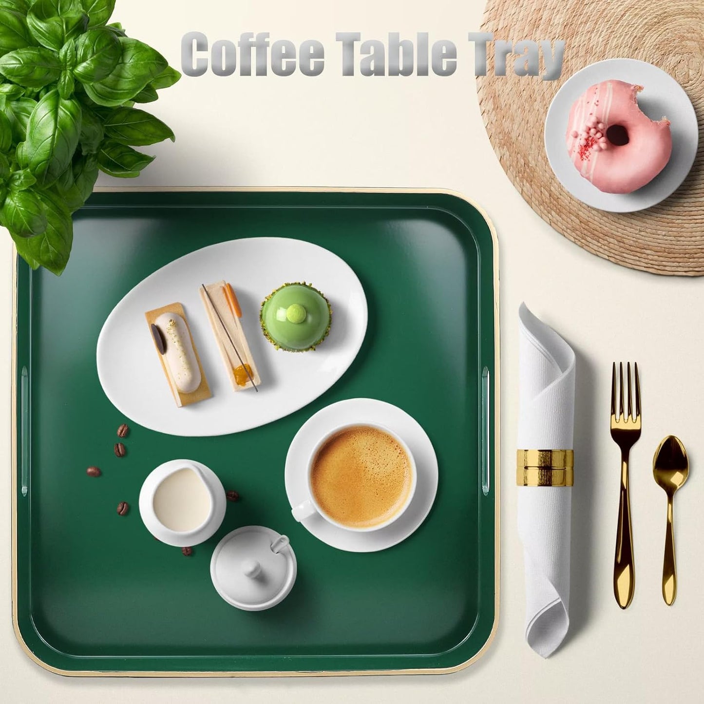 Green Decorative Tray with Handles, Versatile Serving Tray for Coffee Table, Ottoman, Ideal for Serving, Displaying, Organizing, 15.7"*10.2"*1.57"