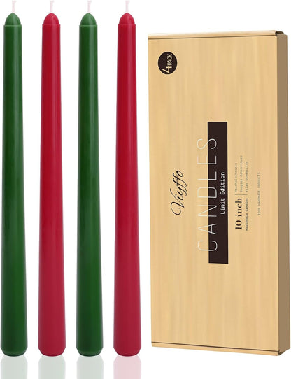 Viyffo Taper Candles, 10 Inch, 4 Pack, Olive Glow – Unscented, Dripless & Smokeless Design, Up to 8 Hour Burn – Long Tall Taper Candlesticks for Wedding, Dinner & Home Decor