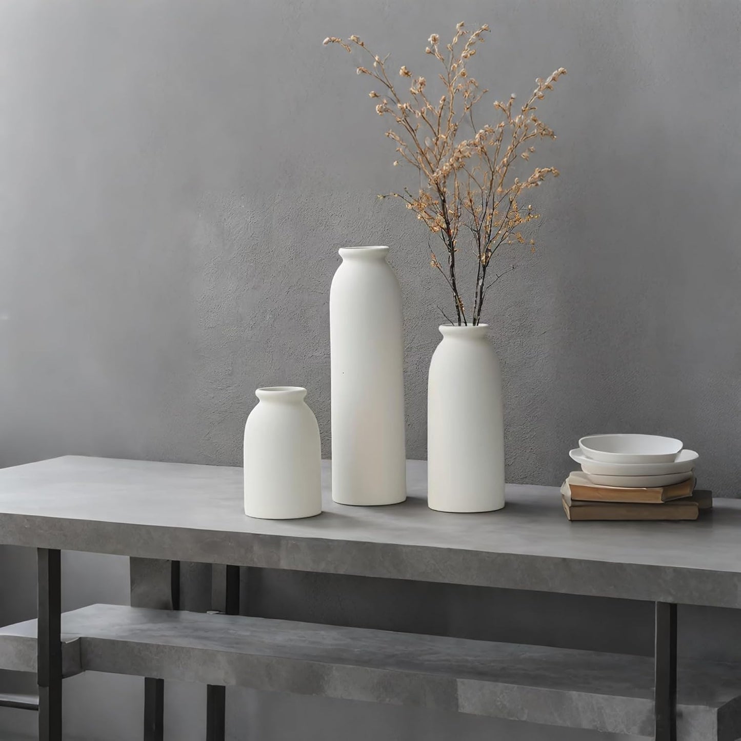 10.4 inches Tall Decorative Ceramic Vase Set, 3 Pieces, Nordic Modern Boho Style, White, Modern Farmhouse for Home Decor (Coffee Mix)
