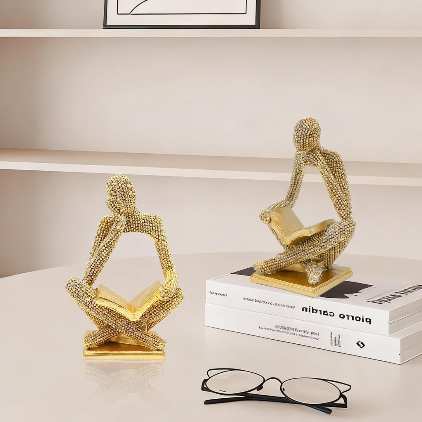 Sparkling Gold Reading Women Statue, Thinker Sculptures, Abstract Art Ornament, Modern Aesthetic Figurine Decoration for Home Living Room Bedroom Office Shelf Table Desk Bookshelf Decor