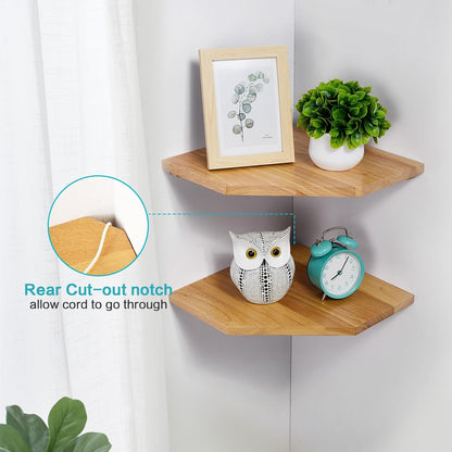 Corner Wall Shelves, Corner Floating Shelves Set of 2 Solid Oak Wood Display Shelf with Wire Hole Small Plant for Kitchen Living Room Natural