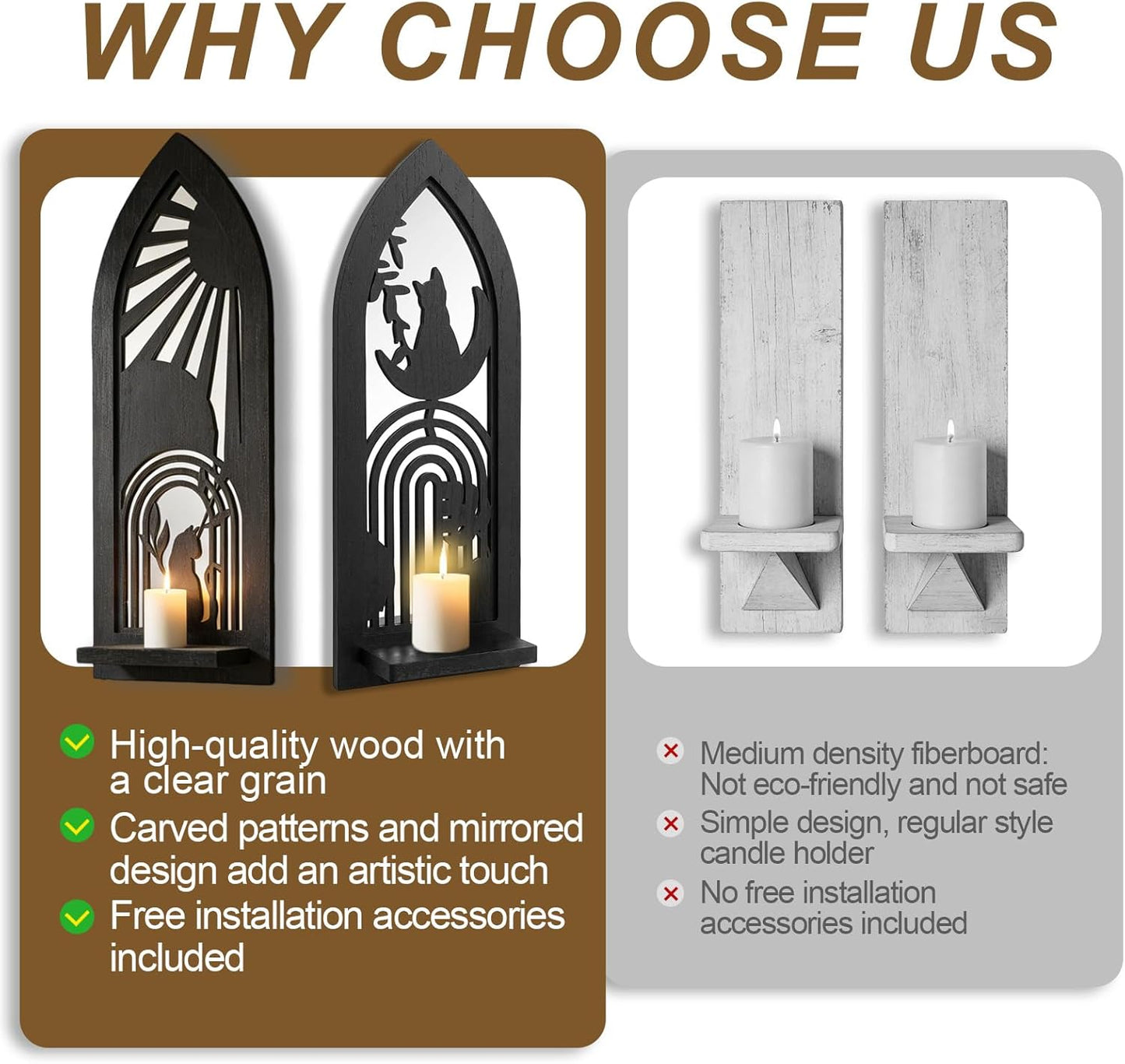 Wood Wall Sconce Candle Holder Set 2, Rustic Wall-Mount Candle Holders, Farmhouse Hanging Wall Décor, Carved Wood Frame, Mirrored Candle Holder (Distressed White)