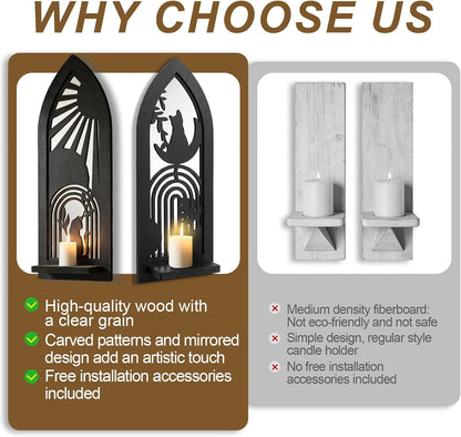 Wood Wall Sconce Candle Holder Set 2, Rustic Wall-Mount Candle Holders, Farmhouse Hanging Wall Décor, Carved Wood Frame, Mirrored Candle Holder (Distressed White)