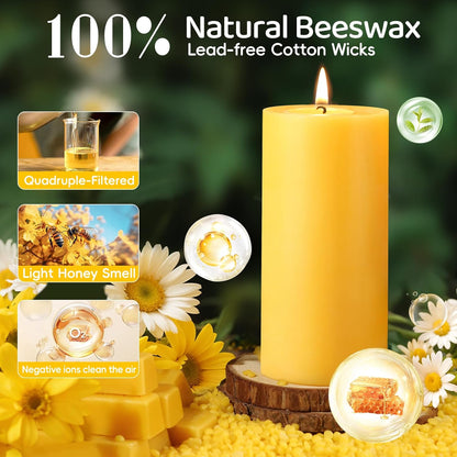 6 Pack Natural Beeswax Pillar Candles,100% Pure Beeswax Candles-210 Hours Long Burning,Organic Bees Wax Candles for Home,Emergency,Prayer,Parties,Unscented Dripless Smokeless Beeswax Candle Bulk 2x4in