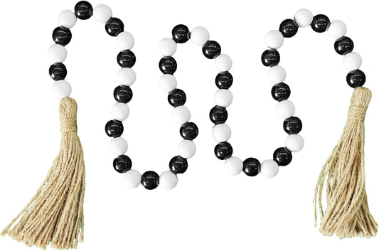 pson 39.4 Inch Wood Bead Garland with Tassels, Farmhouse Beads for Wall Hanging, Boho Rustic Prayer Beads, and Home Décor(Black and White)
