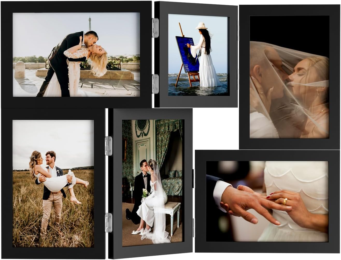 WARM&LOVE 6 Picture Frame, 4x6 & 4x4 Six Folding Hinged Photo Frames, Rustic Wood Desk Family Photo Collage Stand Vertical on Tabletop for Birthday Family Lover Gift (Black)