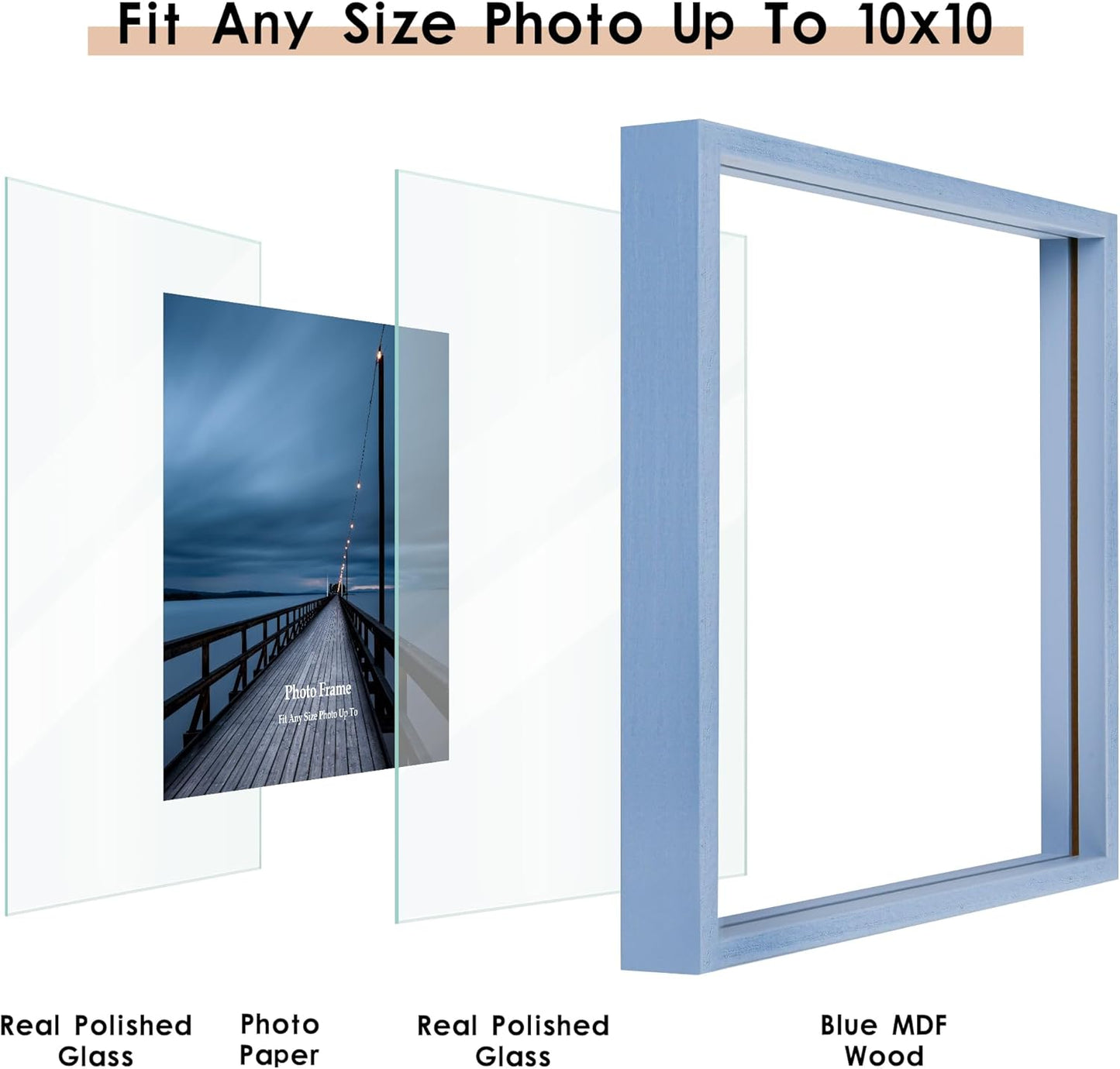 MUYE 11x14 Floating Frame Set of 2,Double Glass Rustic Frame,Display Any Size Photo up to 11x14,Wall Mount or Tabletop Standing,Natural