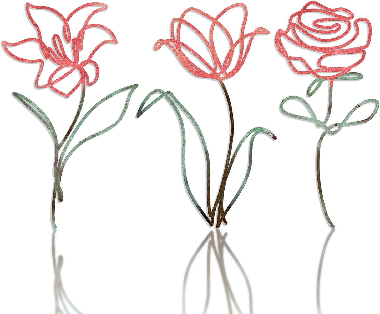 Oubasa Metal Flowers Wall Art Set of 3, Farmhouse Floral Home Decoration, Modern Line Art Flower Wall Decor for Living Room Bedroom Bathroom, Minimalist Botanical Wall Sculpture – Lily, Tulip, Rose