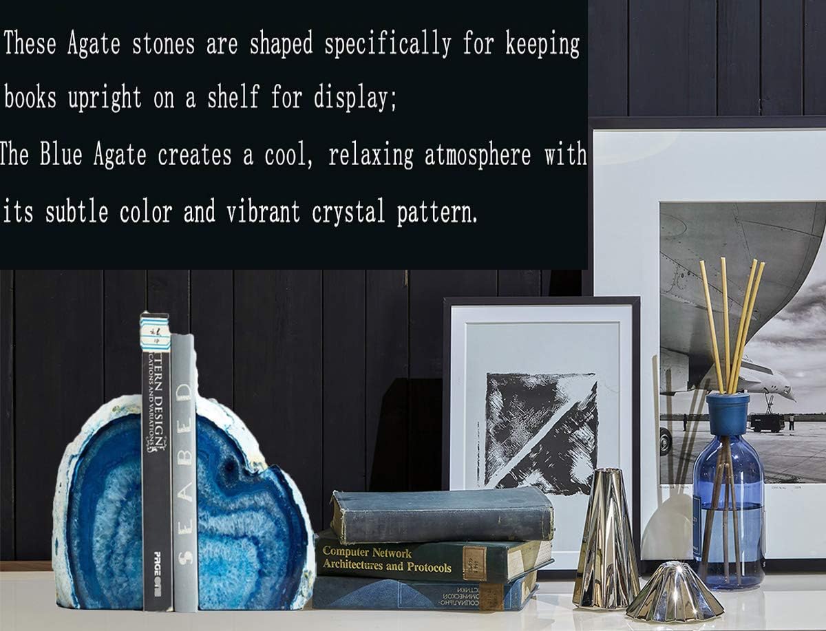 JIC Gem Dyed Blue Agate Bookends Geode Decorative Book Ends for Heavy Books with Rubber Bumpers for Office and Home Decoration Polished Small Size 2 to 3 Lbs