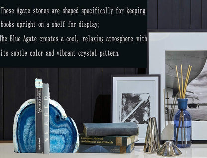 JIC Gem Dyed Blue Agate Bookends Geode Decorative Book Ends for Heavy Books with Rubber Bumpers for Office and Home Decoration Polished Small Size 2 to 3 Lbs