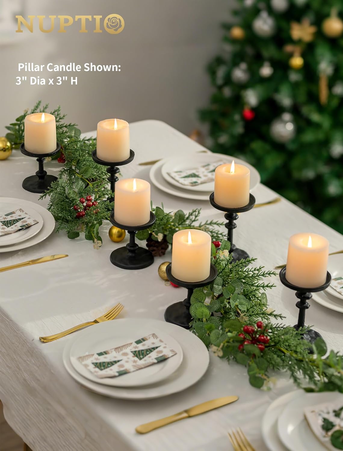 NUPTIO Gold Candle Holders for Pillar: Antique Brass Cast Iron Candleholder for 3 Inch Pillars -Heavy Metal Candle Stand for Christmas Party Table Decor