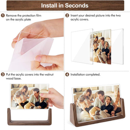 Mixoo 4x6 Picture Frame 2 Pack - Rustic Wooden Picture Frames with Walnut Wood Base and High Definition Break Free Acrylic Photo Covers for Desk Tabletop Display Graduation Gifts Teacher Appreciation Gifts (Horizontal + Vertical)