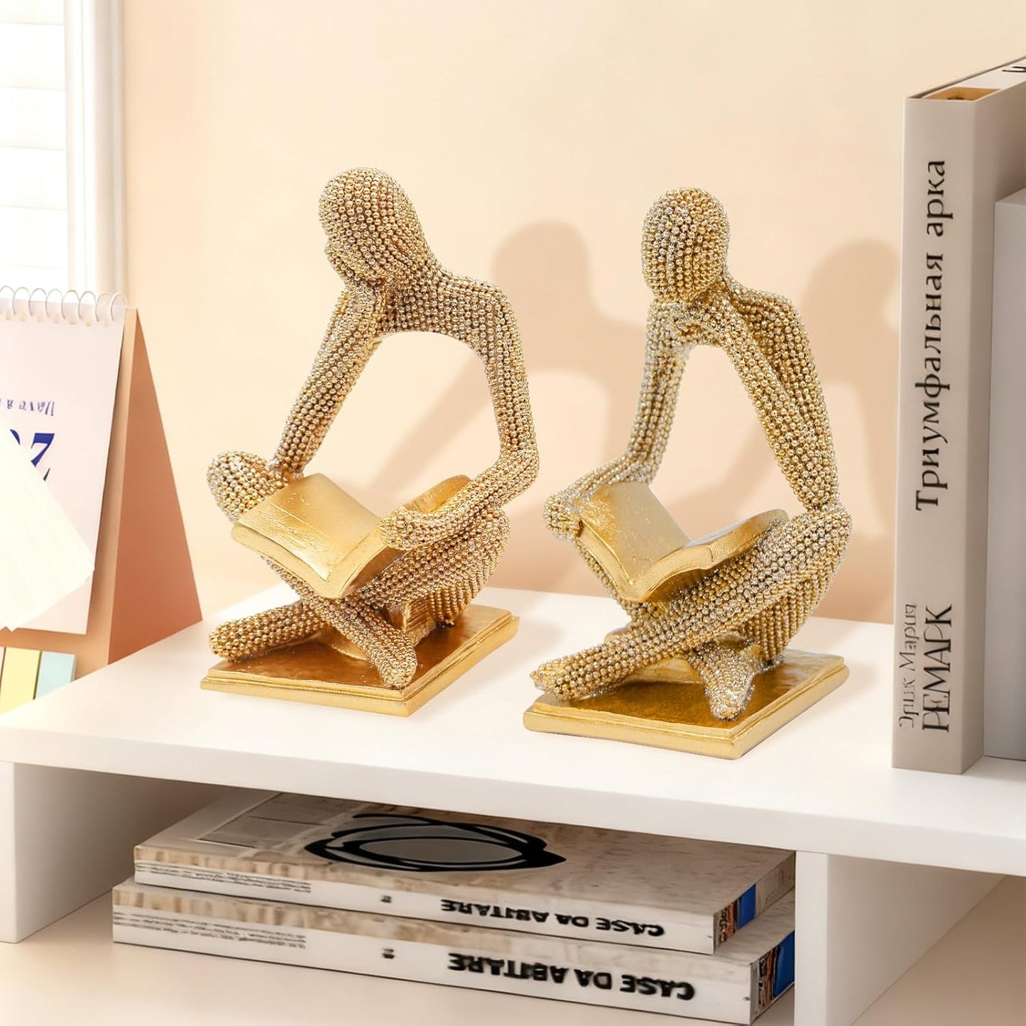 Sparkling Gold Reading Women Statue, Thinker Sculptures, Abstract Art Ornament, Modern Aesthetic Figurine Decoration for Home Living Room Bedroom Office Shelf Table Desk Bookshelf Decor