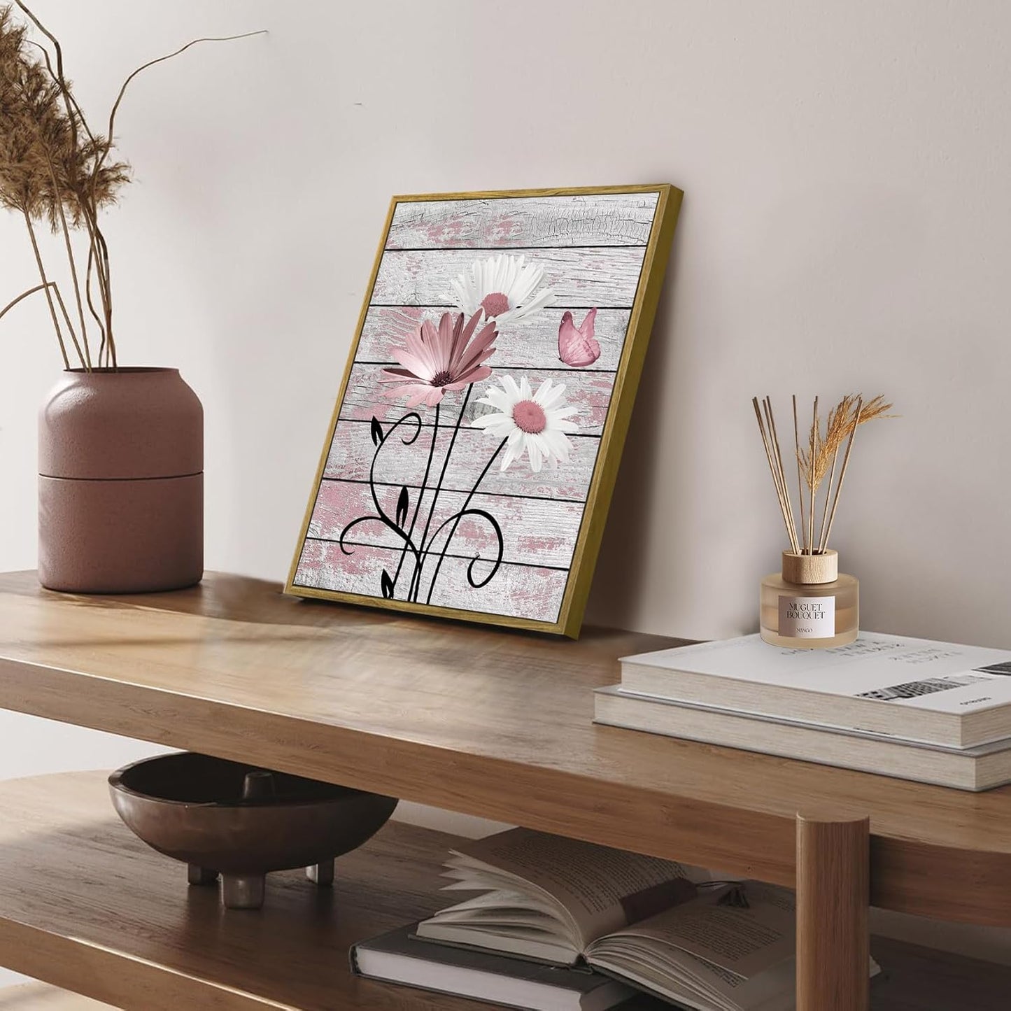HVEST Farmhouse Floral Wall Art for Living Room, Blue and White Daisy Flower and Butterfly on Rustic Wood Board Canvas Wall Art Framed Artwork Ready to Hang for Bathroom Bedroom Decor, 16L X 12W