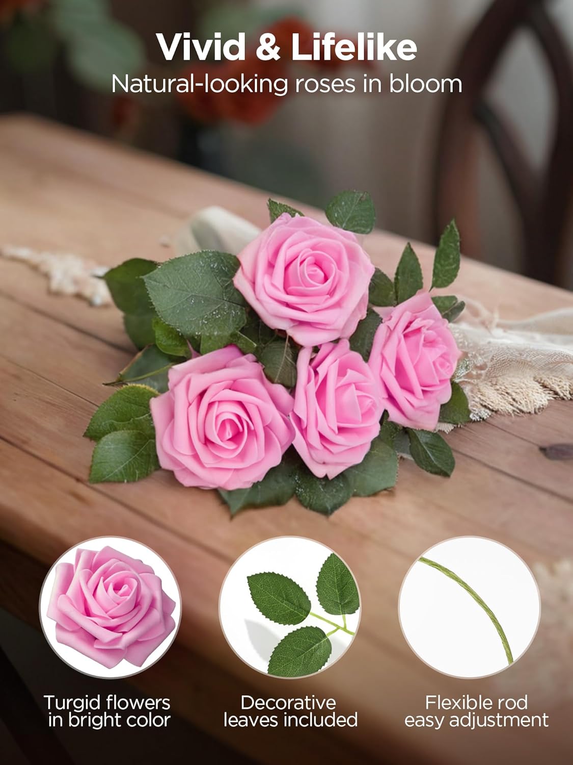 InnoGear Artificial Flowers, 50 Pcs Dark Red Foam Fake Roses Bulk with Stems for Mother's Gift Decoration Celebration DIY Wedding Bouquets Centerpieces Bridal Shower Party Christmas Tree