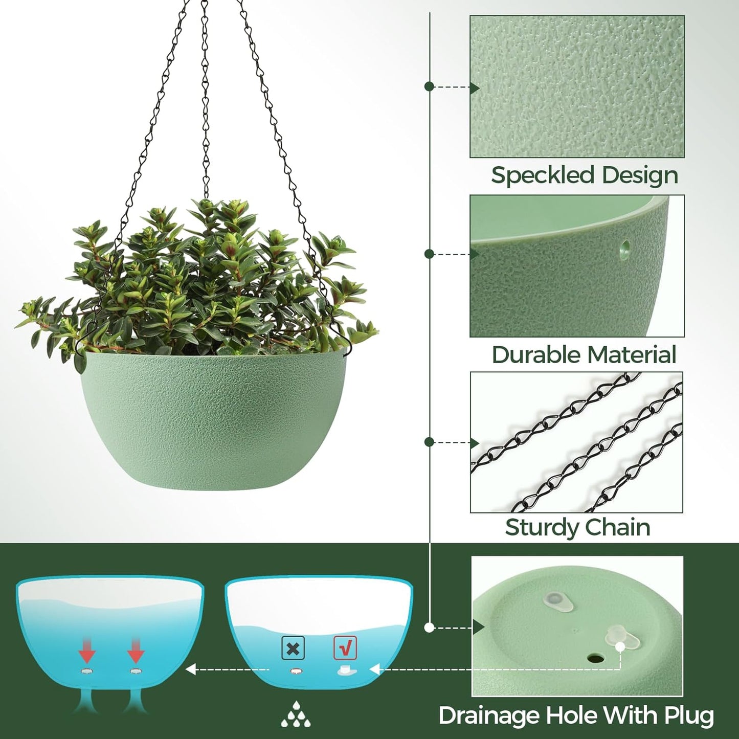 T4U Hanging Planters for Indoor Plants, 10 Inch Hanging Planter Outdoor 2 Pack, Hanging Basket with Drainage Holes, Hanging Plant Holder Indoor, Flower Pots, Plant Pots for Garden, Grey