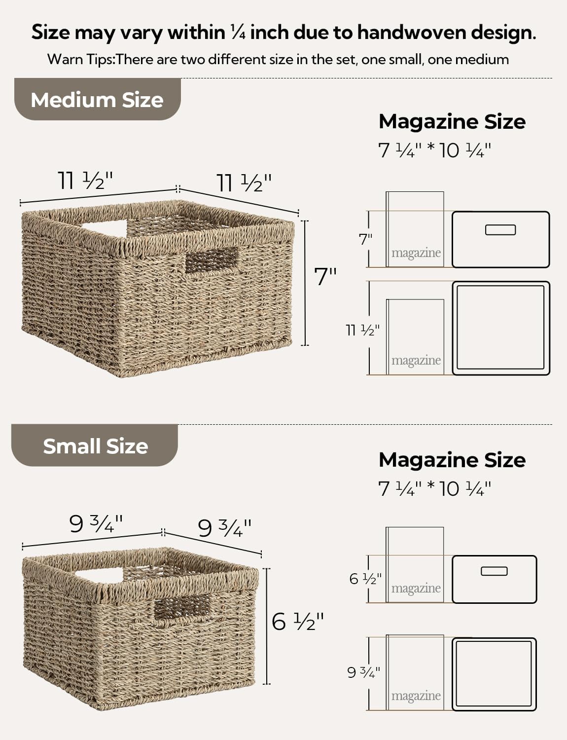 StorageWorks Wicker Basket, Baskets for Organizing, Storage Basket with Built-in Handles, Water Hyacinth Shelves (Medium 2-Pack, Natural Hyacinth)
